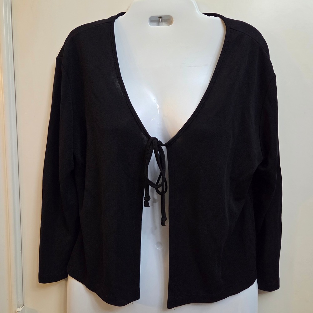 Vintage Apostrophe Black Tie Front Cardigan V-Neck 3/4 Sleeve Shrug Medium